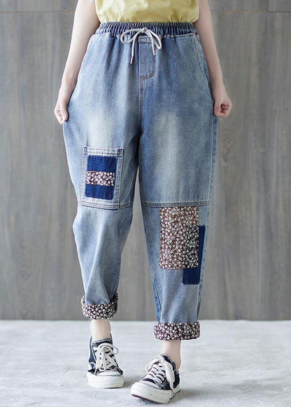 Blue Patchwork Pockets Cotton Pants Summer
