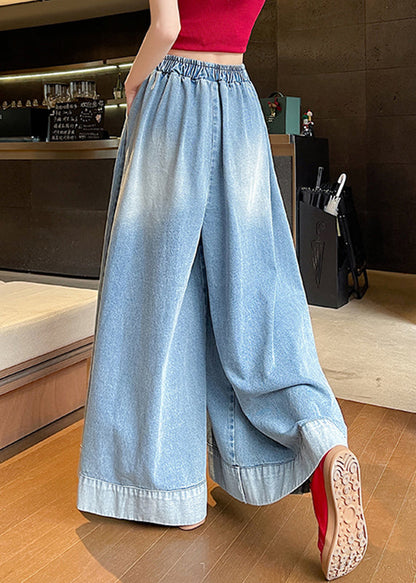 Blue Elastic Waist Pockets Wide Leg Jeans