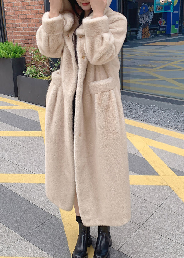 Beige Button Leather and Fur Hooded Maxi Coat Long Sleeve
