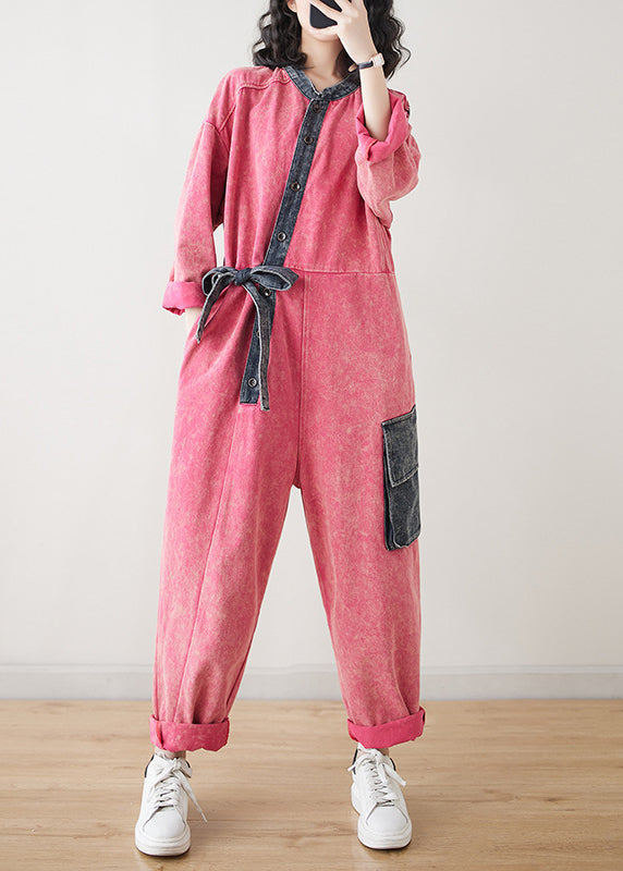Fitted Red O-neck Patchwork Tie Waist Jumpsuit Spring