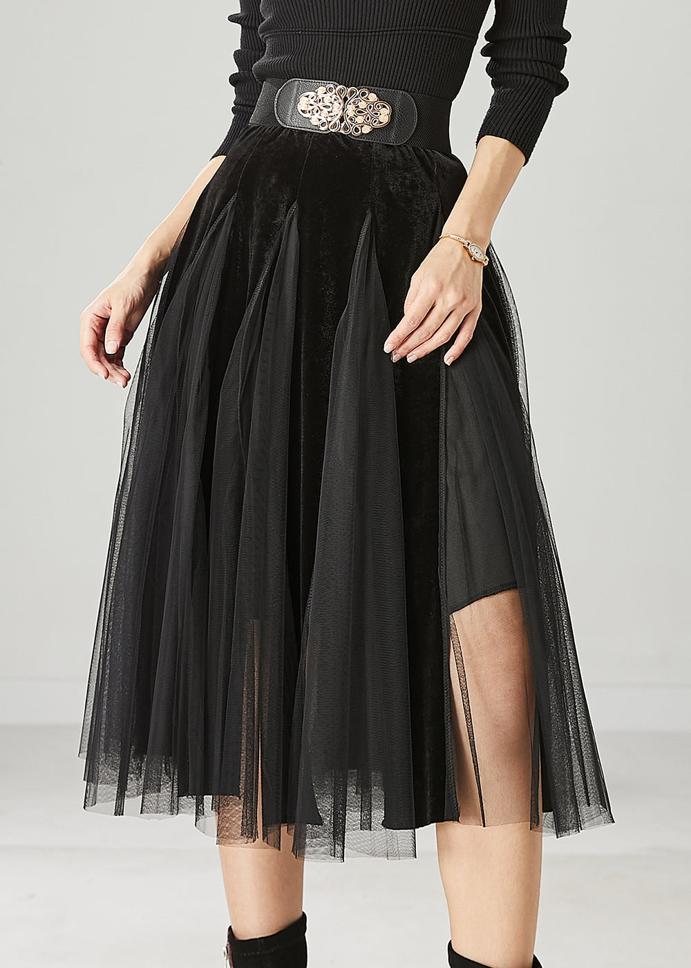 Black High Waist Patchwork Tulle Velour Dress Spring