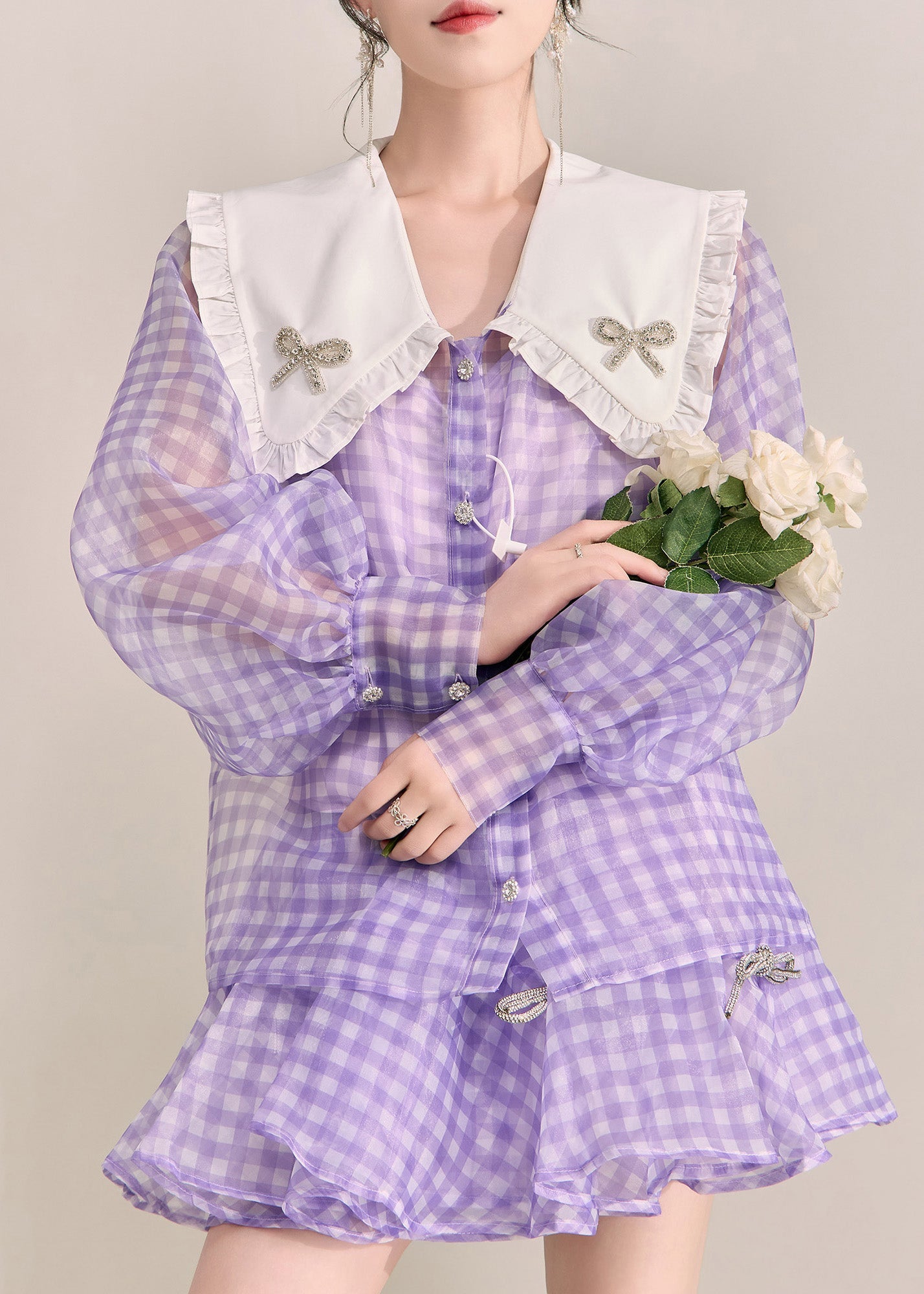Art Purple Plaid Button Tulle Shirts and Shorts Two Pieces Set Fall