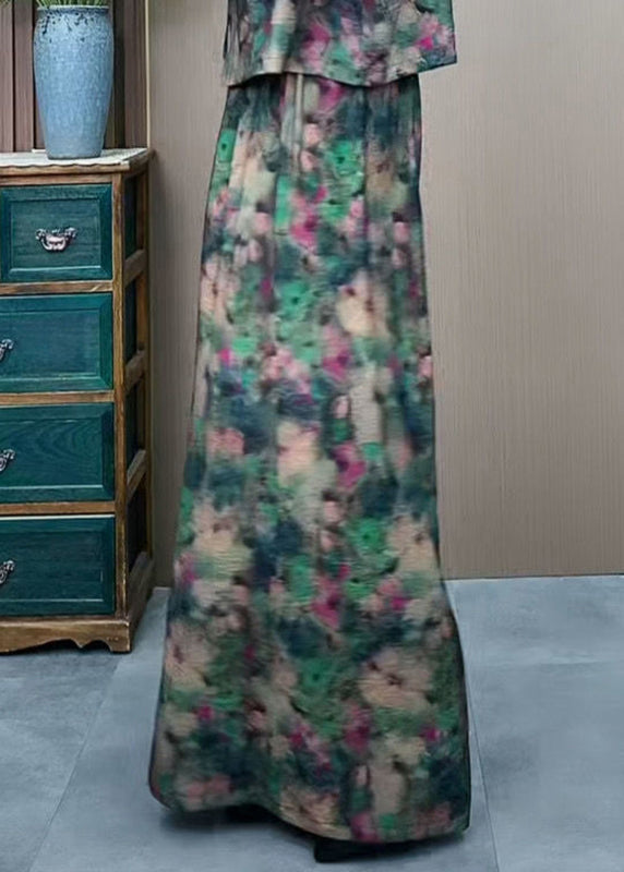 Green Elastic Waist Print Ice Silk Wide Leg Pants