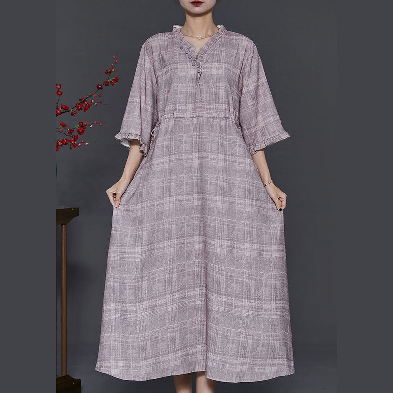 Art Grey Ruffled Drawstring Cotton Long Dress Summer