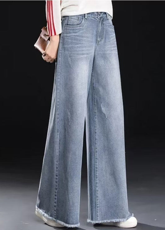 Light Blue Tasseled Denim Straight Pants Summer