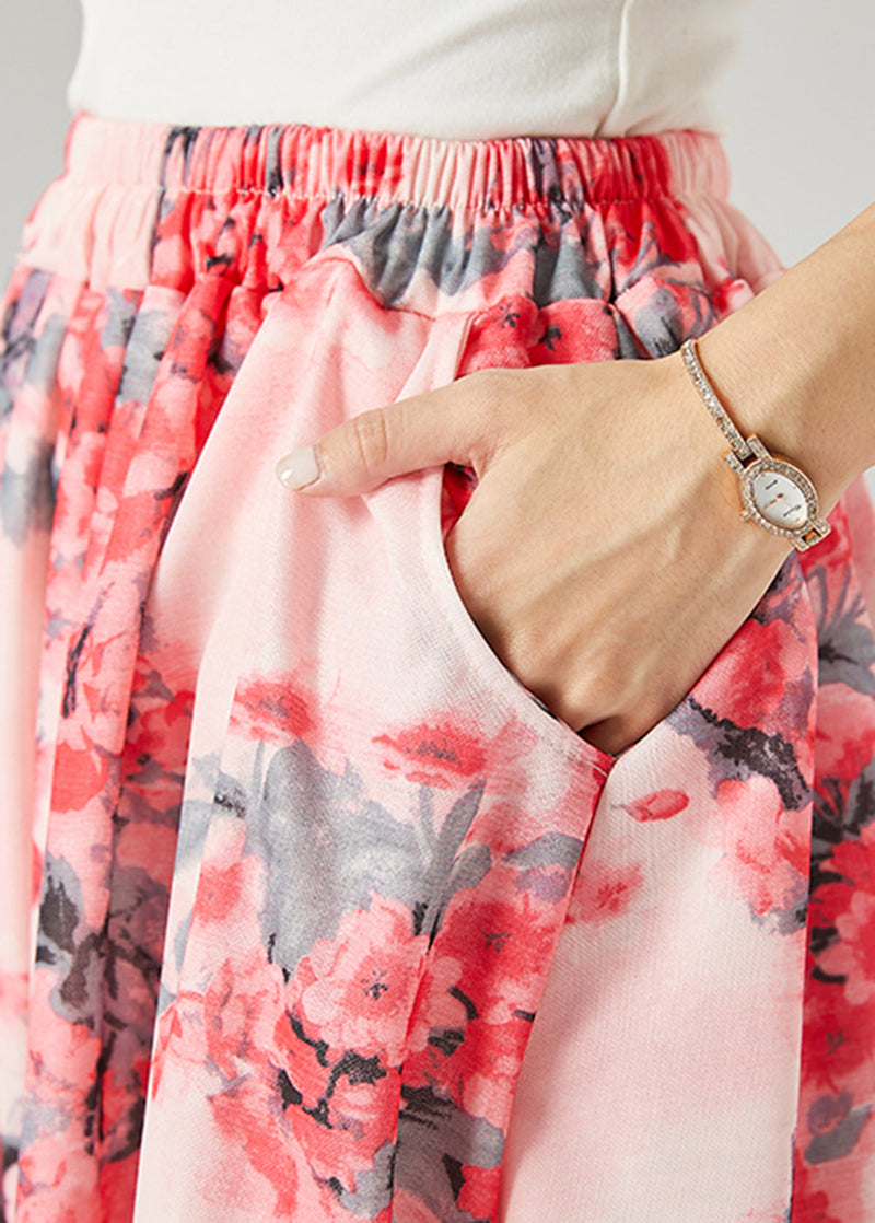 Pink Plum Blossom Print Cotton a Line Skirts Spring