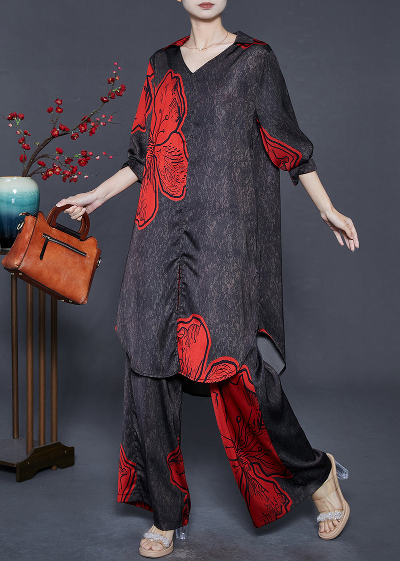 Black Oversized Print Silk Two Piece Set Outfits Fall
