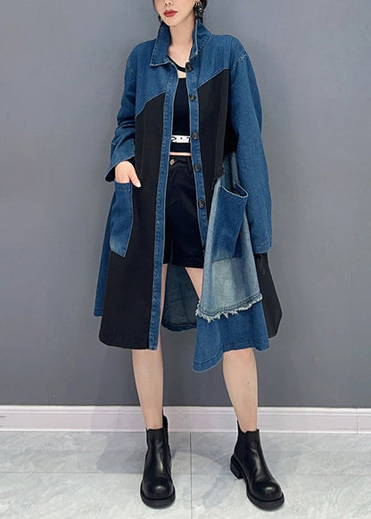 Blue Asymmetrical Button Pockets Denim Blouses Fall