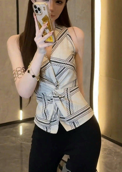 White Print Side Open Silm Fit Halter Vests Summer