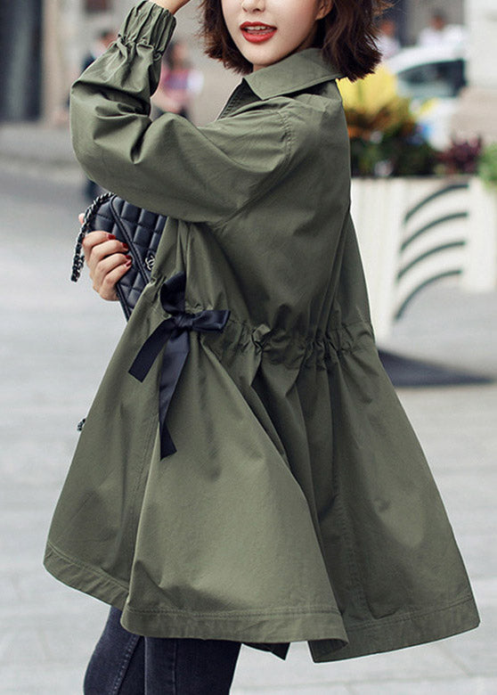 Army Green Peter Pan Collar Zippered Drawstring Cotton Long Trench Coats Spring