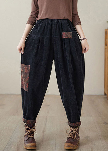 Black Print Patchwork Thick Corduroy Fleece Pants Winter