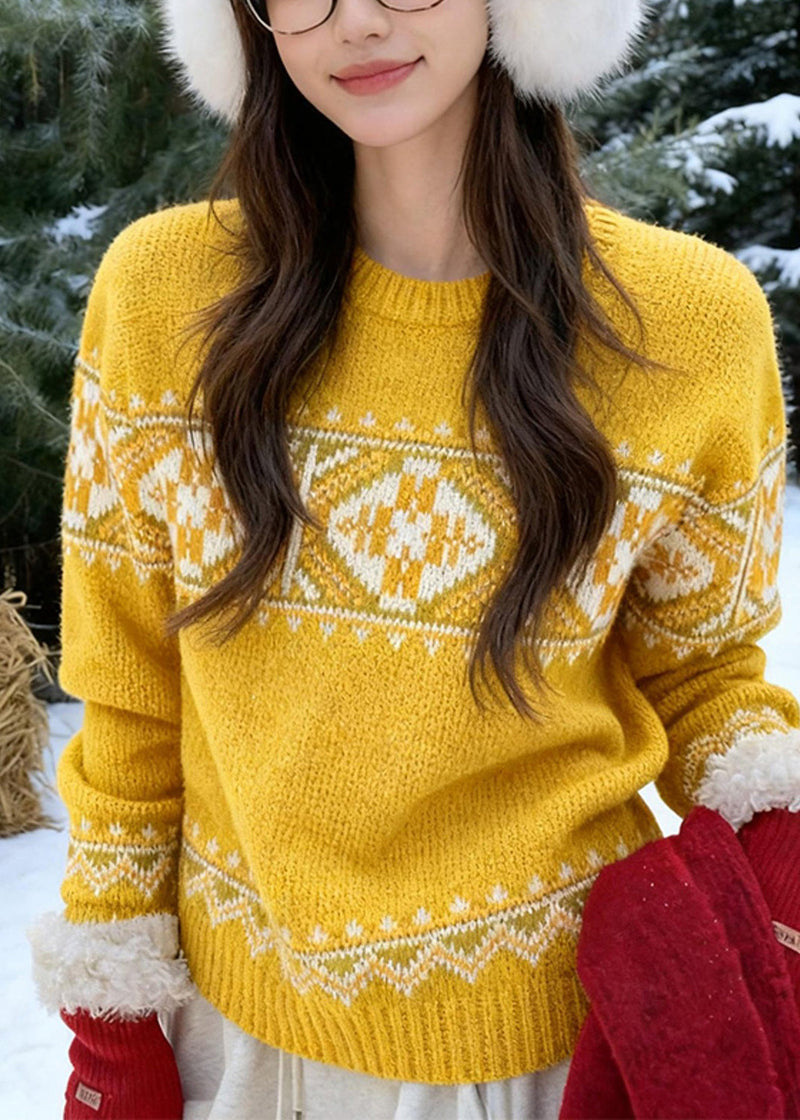 Yellow Cozy Thick Print Cotton Knit Sweaters Fall