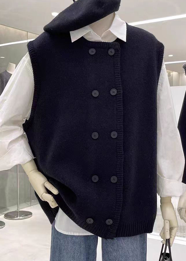 Grey O Neck Double Breast Patchwork Knit Vest Sleeveless