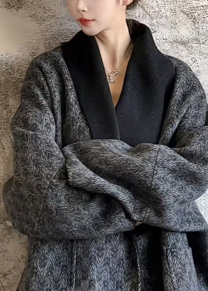 Dark Grey V Neck Print Pockets Wool Coats Fall