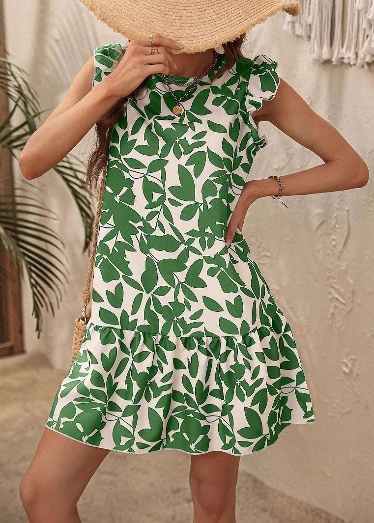 Rose O Neck Print Cotton Mid Dress Butterfly Sleeve