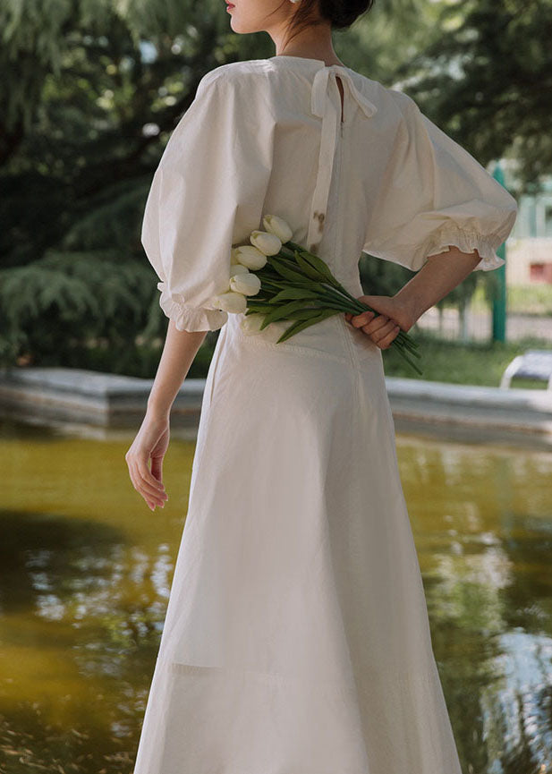 White V Neck Lantern Sleeve Ruffles Maxi Dresses