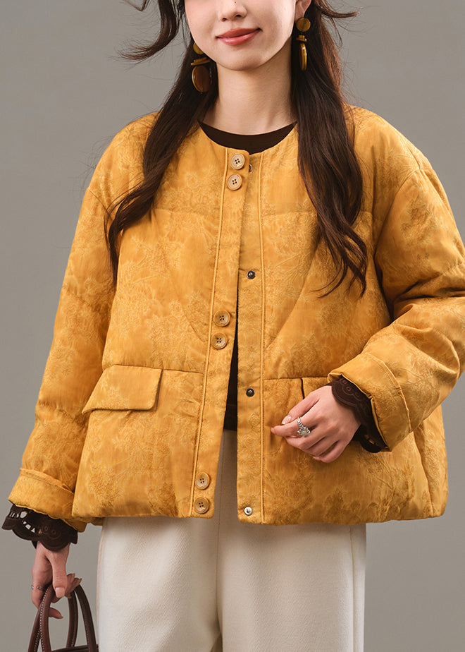 Jacqua Yellow O-neck Button Pockets Down Coat Winter