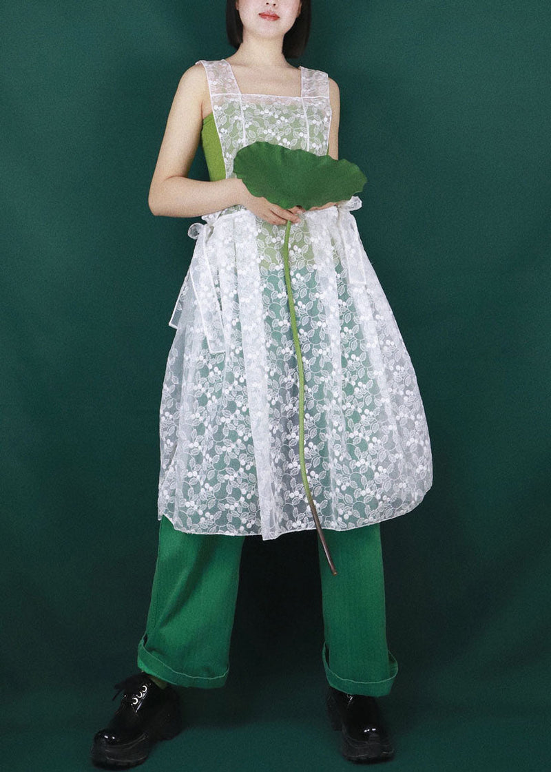 White Embroideried Bow Tulle Vacation Strap Dresses Summer