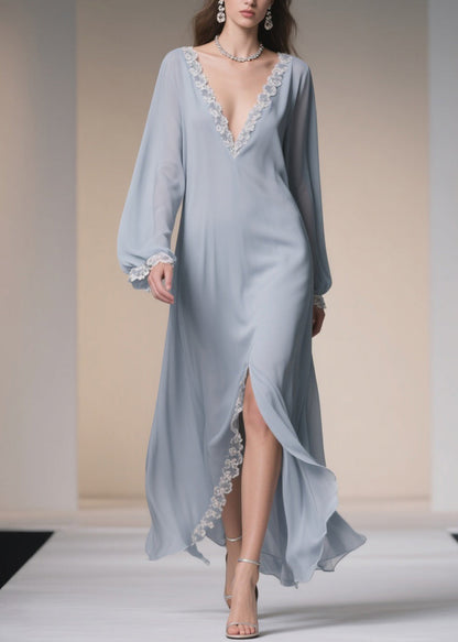 Light Blue V Neck Lace Side Open Chiffon Dresses Spring