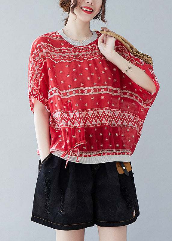 Vogue Red O-neck Print Drawstring T Shirt Summer