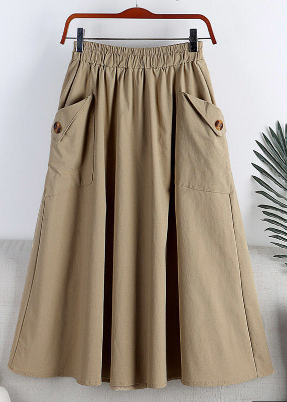 Light Khaki Button Pockets Faux Leathe a Line Skirts Summer