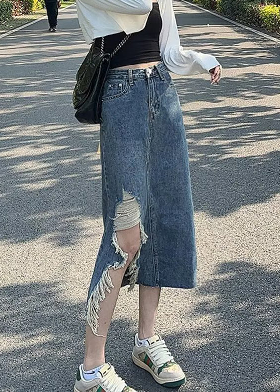 Denim Blue Asymmetrical Patchwork Pockets a Line Skirt