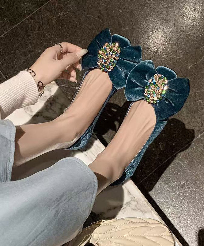 Blue Flat Feet Shoes Velour Splicing Bow Zircon