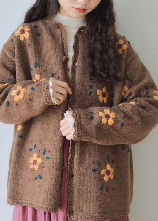 Handmade Coffee Embroideried Lace Patchwork Cotton Knit Coats Long Sleeve