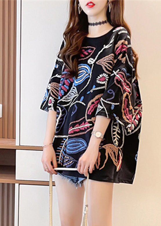 Black O-neck Print Top Summer