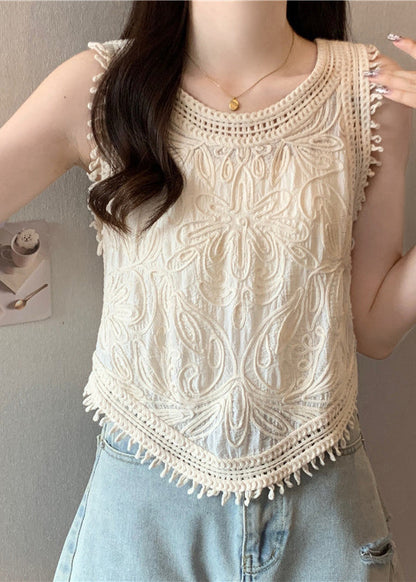 Apricot O-neck Tassel Lace Vest Sleeveless