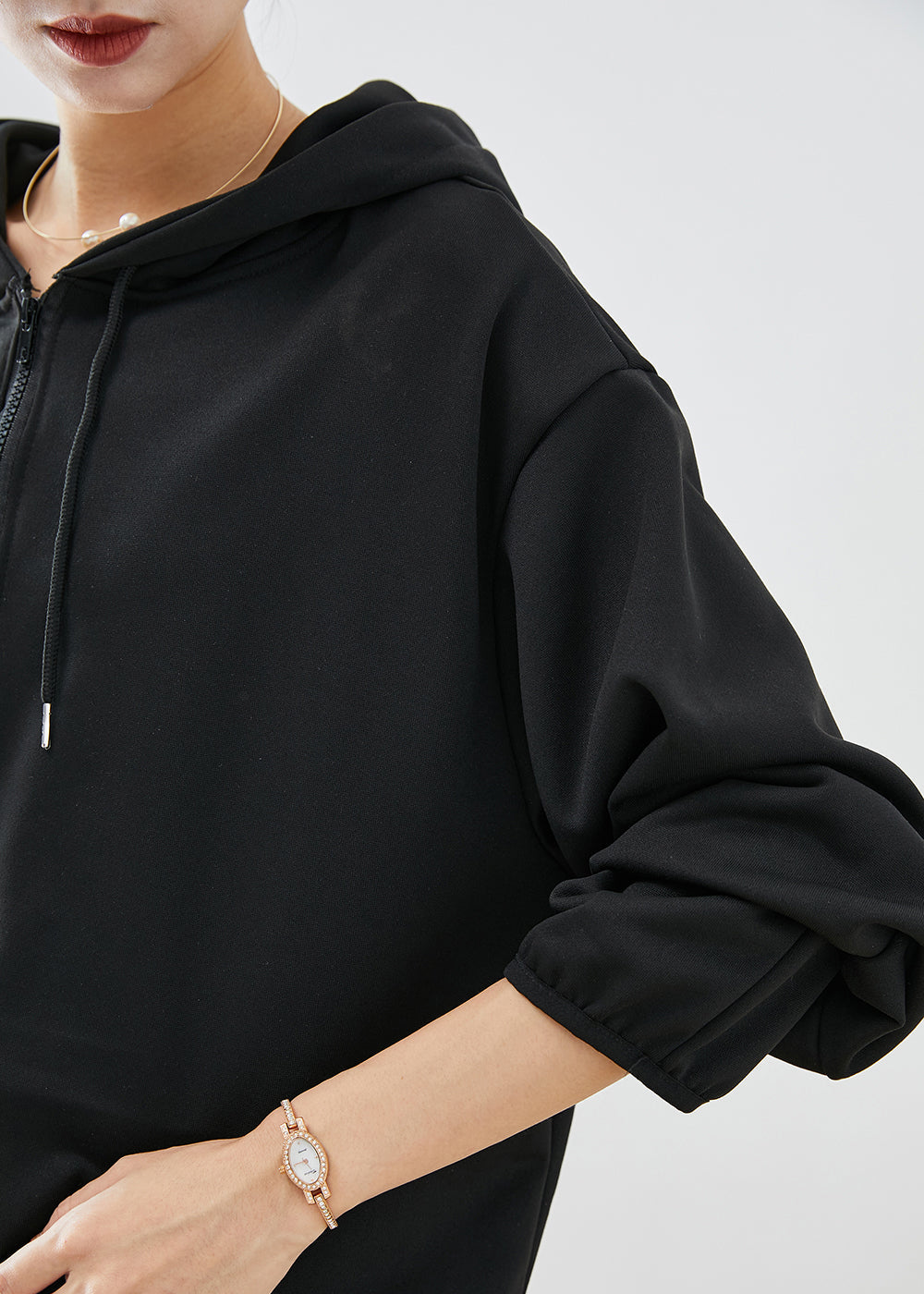 Black Zip Up Hooded Oversized Cotton Sweatshirts Top Fall