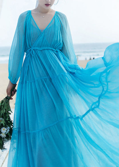 Unique Water Blue Patchwork Wrinkled Chiffon Maxi Dresses Long Sleeve