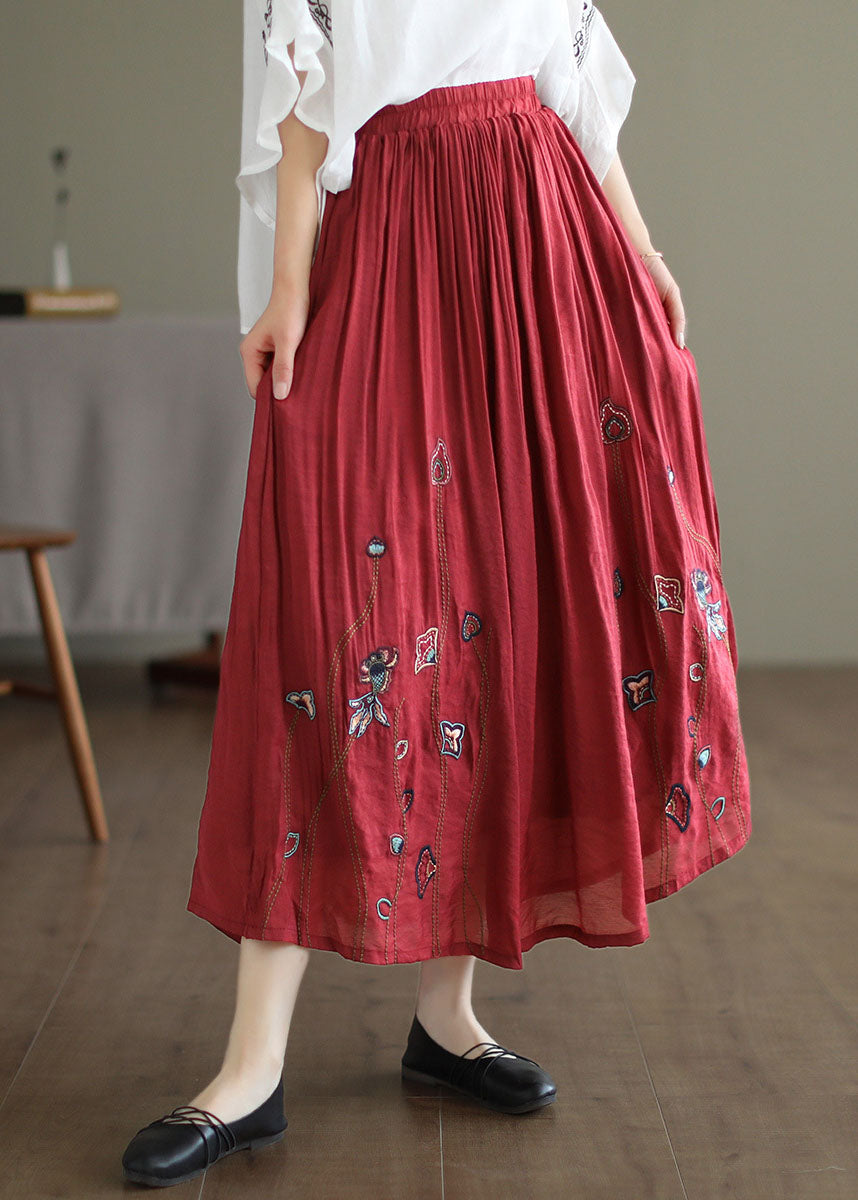 Red Linen Silk a Line Skirts Embroideried Exra Large Hem Spring