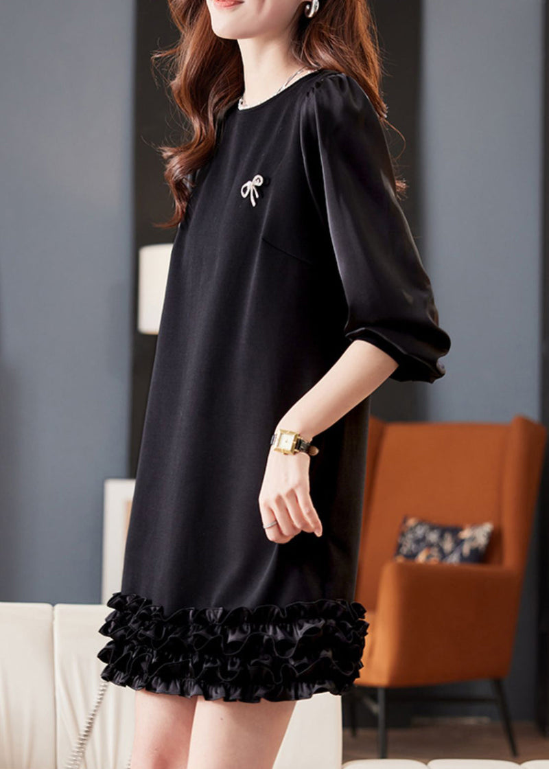 Black O Neck Pearl Ruffled Cotton Mid Dress Fall