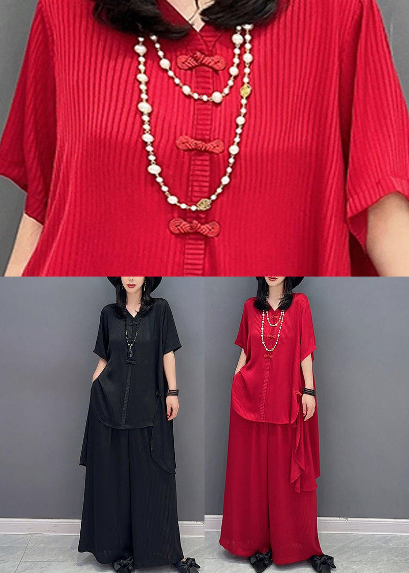 Black Button Shirts and Wide Leg Pants Two Piece Set Half Sleeve