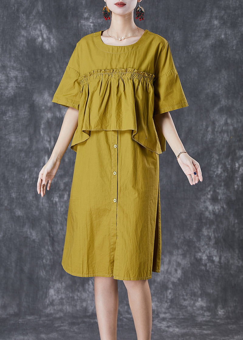 Green Ruffled Patchwork Cotton Fake Two Piece Dress Fall