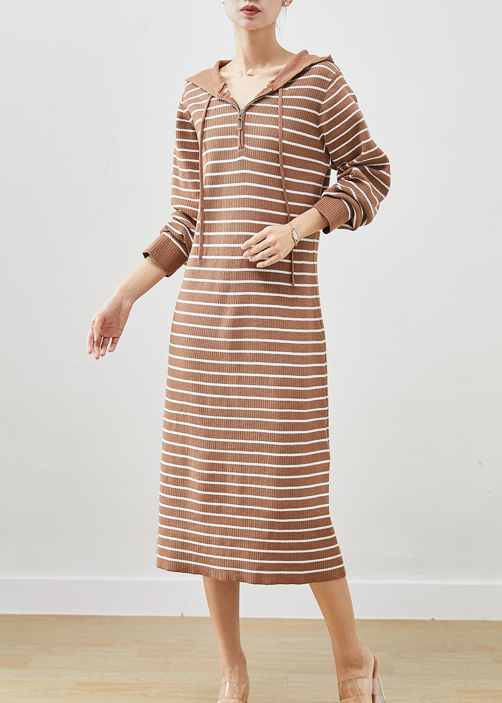 Khaki Hooded Striped Knit Sweatshirts Dress Winter