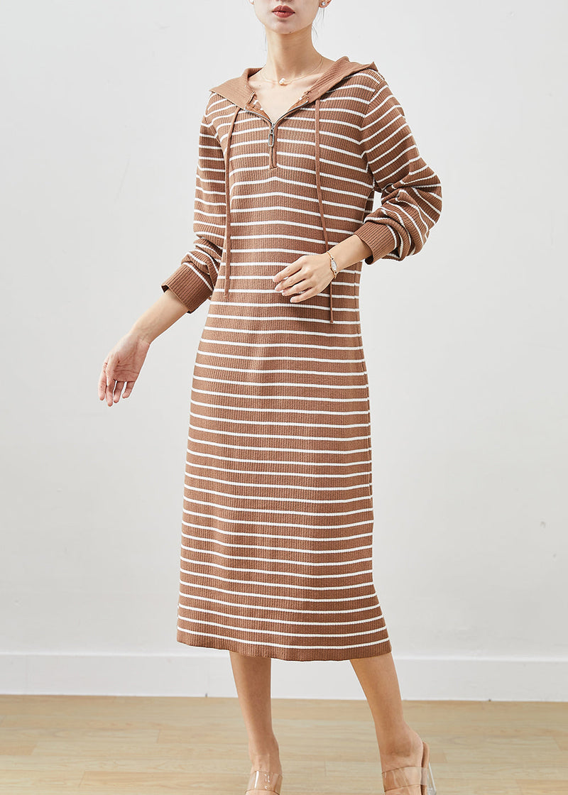 Khaki Hooded Striped Knit Sweatshirts Dress Winter