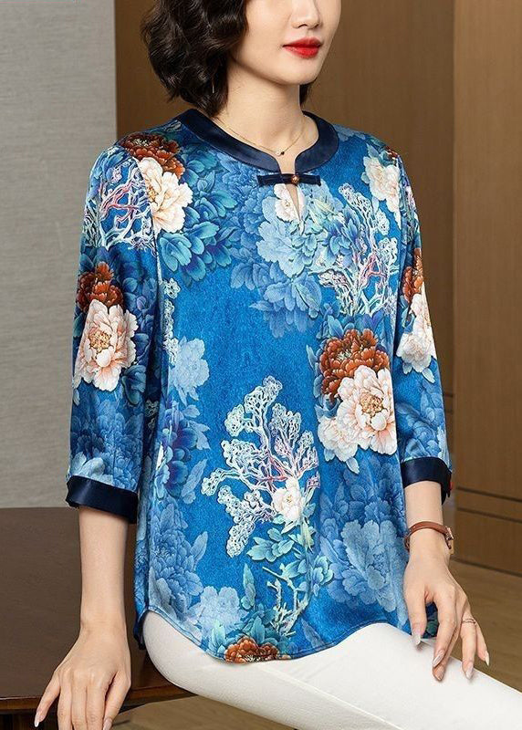 Blue O Neck Print Patchwork Silk Shirt Bracelet Sleeve