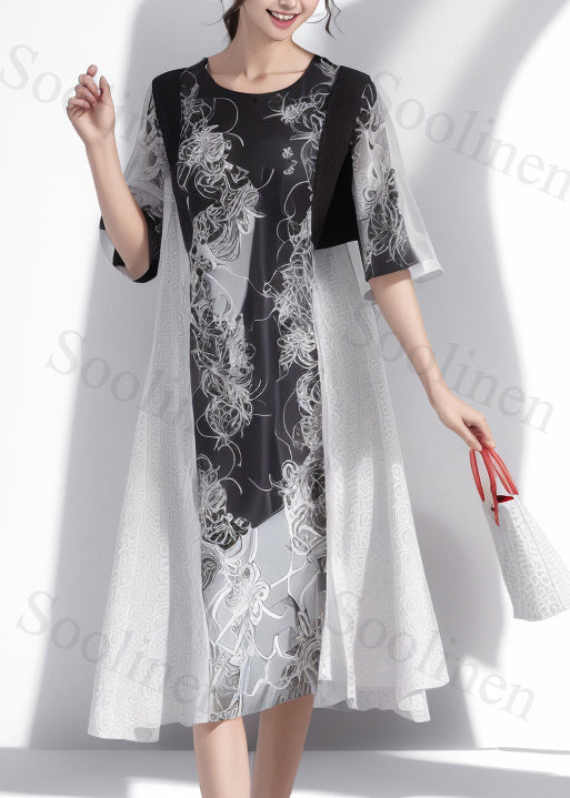 New Black Print Patchwork Silk Long Dresses Half Sleeve