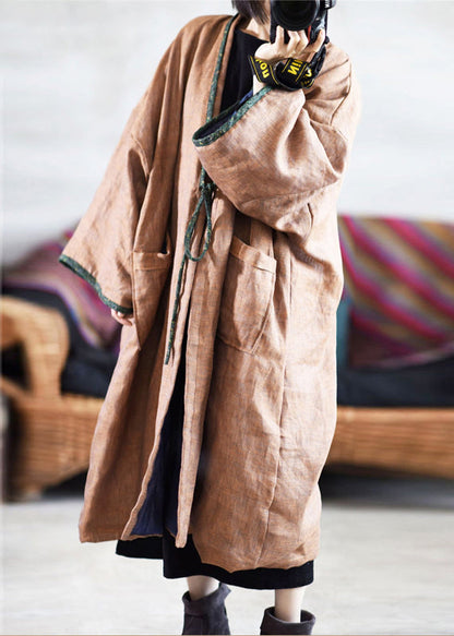 Retro Coffee Pockets Lace Up Fine Cotton Filled Coat Winter