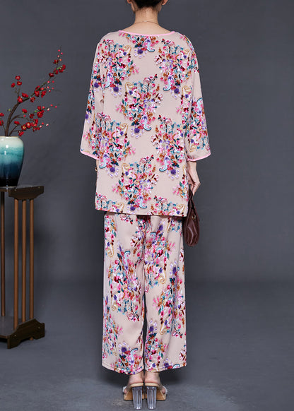 Khaki Print Cotton Two-piece Set Chinese Button Summer