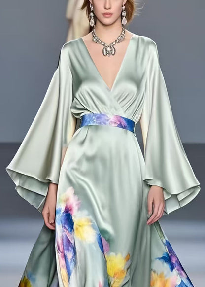 Art Light Green Exra Large Hem Silk Tunic Dress Flare Sleeve Fall