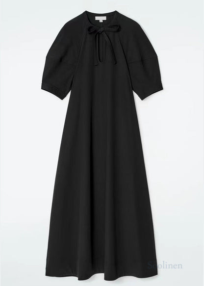 Black Puff Sleeve Tie Waist Cotton Party Dress