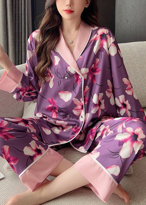 Purple Print Patchwork Ice Silk Pajamas Two Piece Set Spring
