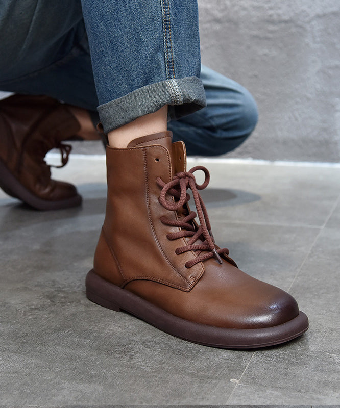 Cowhide Leather Boots Brown Splicing Cross Strap