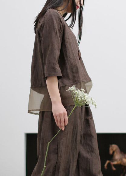 Chocolate O-neck Silk Patchwork Linen Shirts and Wide Leg Pants Two Pieces Set Spring