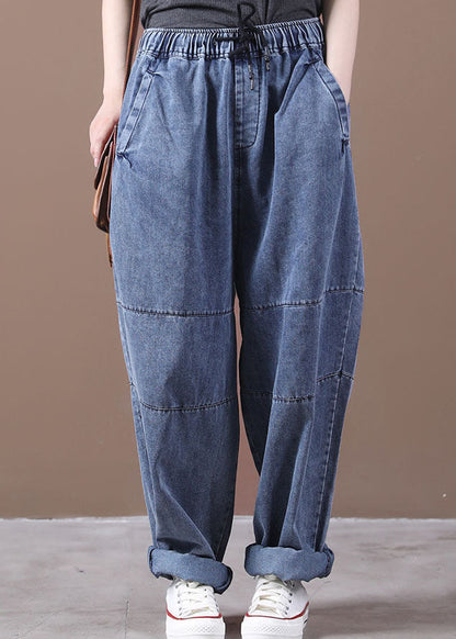 Blue Cinched Pockets Denim Pants Spring
