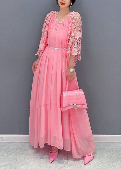 Pink O-neck Lace Patchwork Nail Bead Chiffon Long Dress Summer