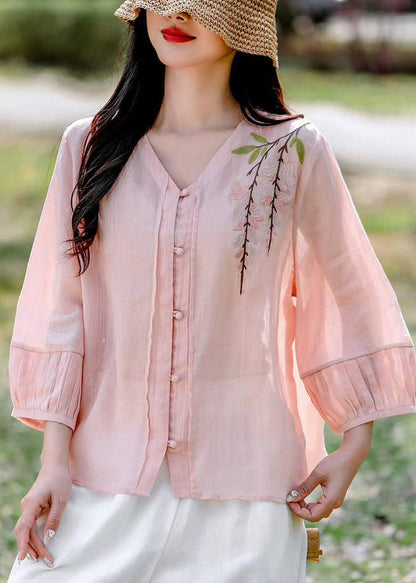 Art White V Neck Embroidered Linen Shirt Fall